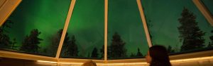view for the northern lights through the glass ceiling in aurora cabin