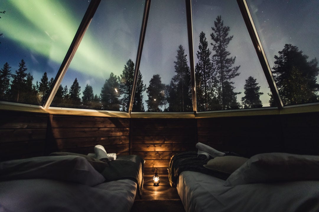 Inside the amazing aurora cabin glass igloo at Aurora Village Ivalo Lapland Finland.