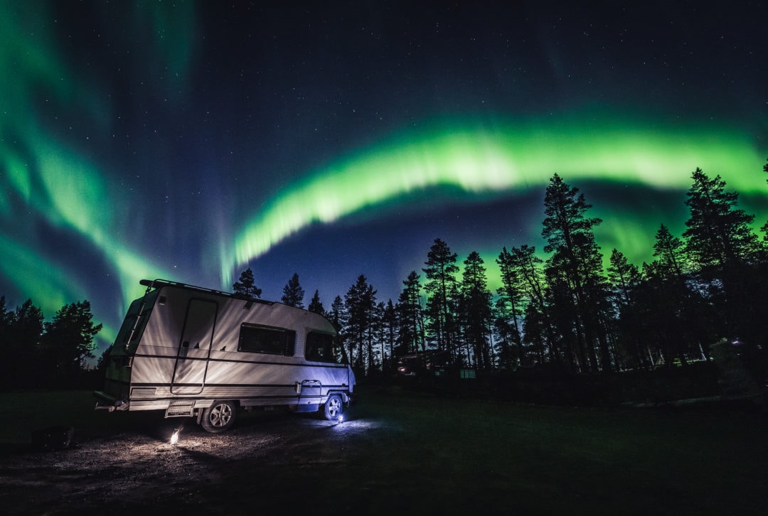 Aurora Camper tour hunting the northern lights with Aurora Village Ivalo Inari Lapland Finland.