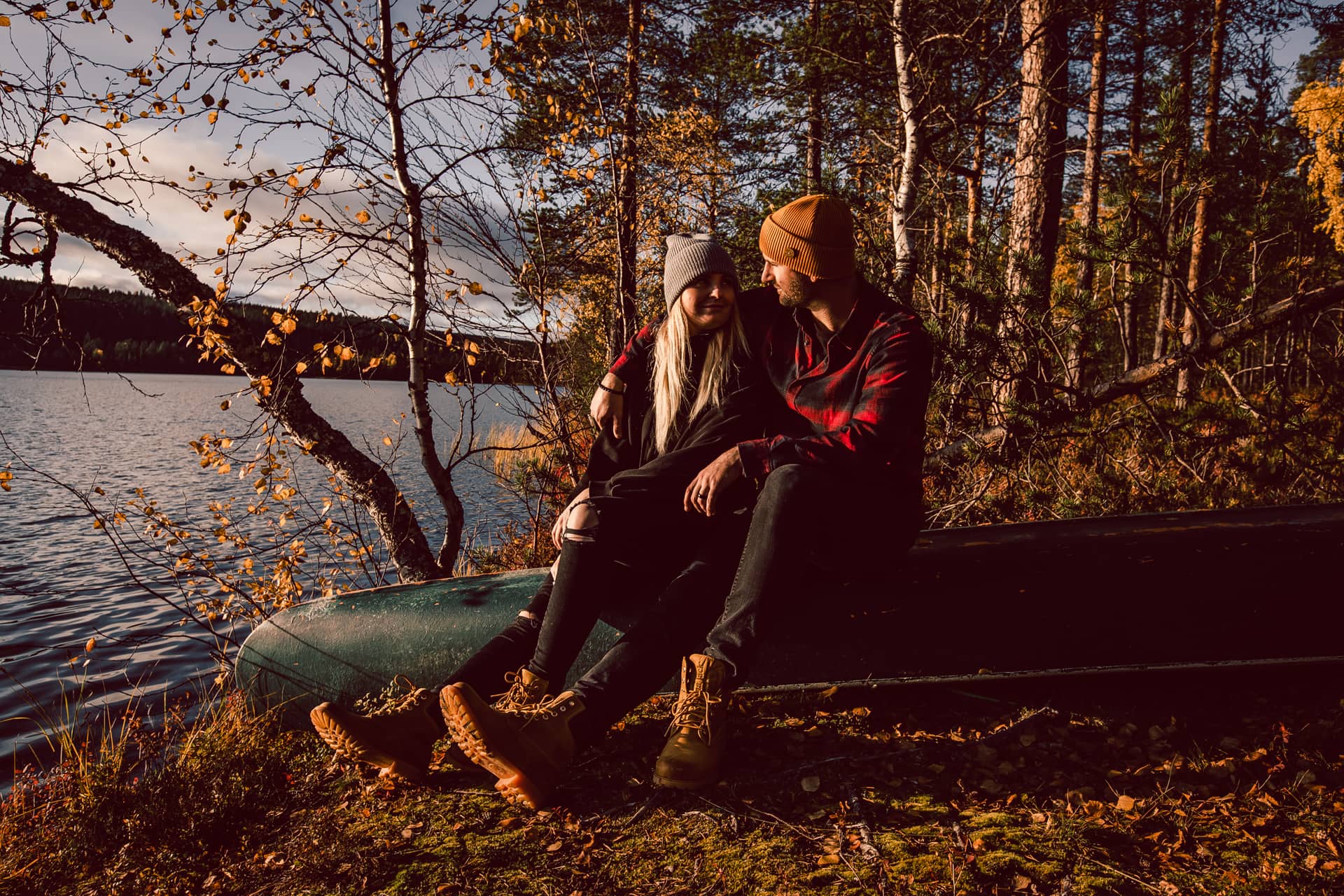 Enjoying moments together. Autumn vacation trip to Aurora Village in Ivalo Lapland Finland.