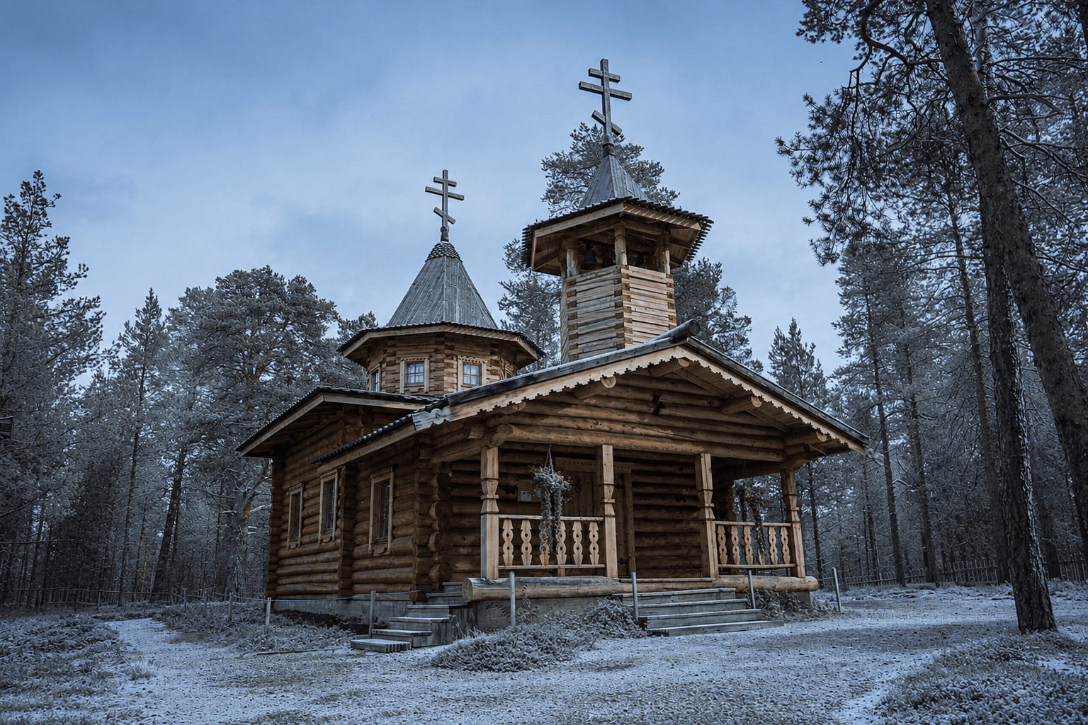 Wooden Orthodox church in a frosty Nellim forest during a wilderness day trip on 10 November 2024